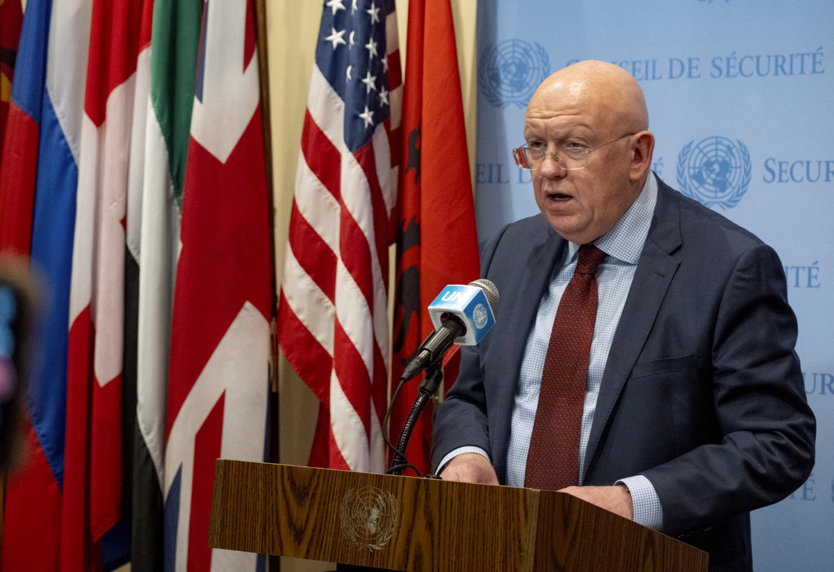 Vassily Nebenzia, Russia's envoy to the United Nations, comments following a Security Council meeting at UN headquarters in New York on Oct. 13, 2023, in the wake of last week's attack on Israel by Hamas. (AP)