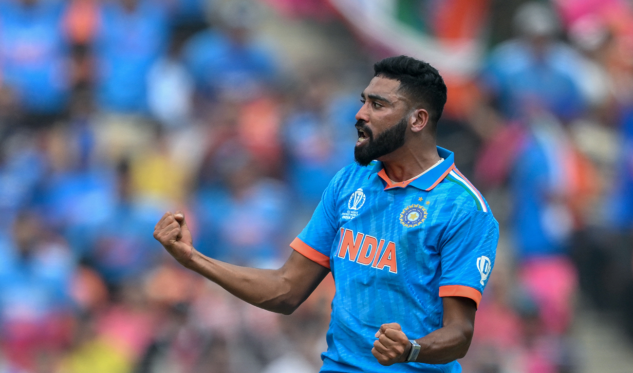 India's Mohammed Siraj celebrates after taking the wicket of Pakistan's Abdullah Shafique during the 2023 ICC Men's Cricket World Cup one-day international (ODI) match between India and Pakistan at the Narendra Modi Stadium in Ahmedabad on October 14, 2023. (AFP)