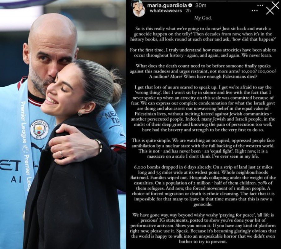A powerful post in which a fashion content creator, called Eva, decried the Israeli-Palestine war and was reposted by Manchester City coach Pep Guardiola’s daughter has garnered over 140,000 views. (X/@City_Chief)