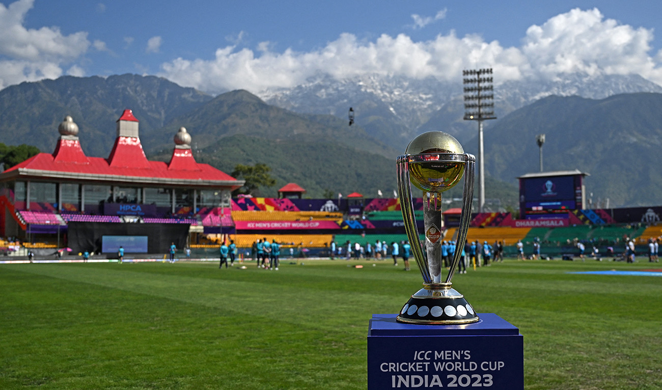 The ICC Men's Cricket World Cup trophy is pictured before the start of the 2023 ICC Men's Cricket World Cup one-day international (ODI) match between England and Bangladesh at the Himachal Pradesh Cricket Association Stadium in Dharamsala on October 10, 2023. (AFP/File)