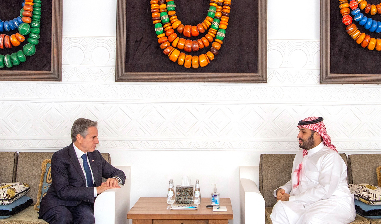 A handout picture provided by the Saudi Royal Palace on October 15, 2023, shows US Secretary of State Antony Blinken (left) meeting with Saudi Crown Prince Mohammed bin Salman in the capital Riyadh. (AFP)