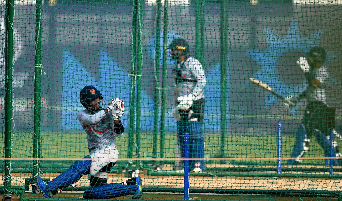 Sri Lanka's players attend a practice session ahead of their 2023 ICC Men's Cricket World Cup one-day international (ODI) match against Australia at the Ekana Cricket Stadium in Lucknow on October 14, 2023. (AFP/File)
