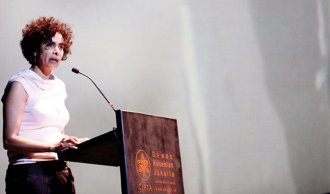 Palestinian author Adania Shibli speaks at the opening of the 2019 Jakarta International Literary Festival in Central Jakarta on Tuesday. (Photo: Eva Tobing/Jakarta Arts Council)