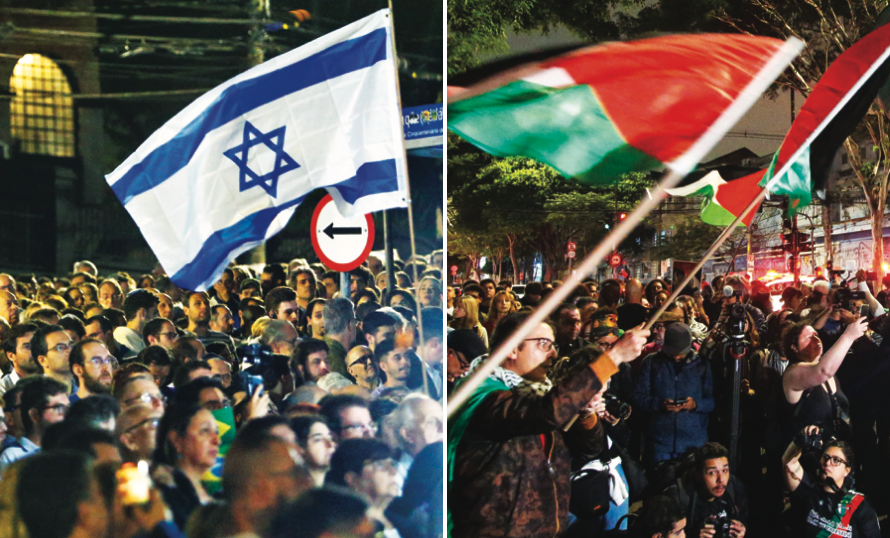 The war between Israel and Hamas, below and bottom left, has sparked solidarity protests in Brazil, main, and other Latin American countries, but has also provoked a rash of attacks and acts of abuse against the region’s Muslims, middle. (AFP)
