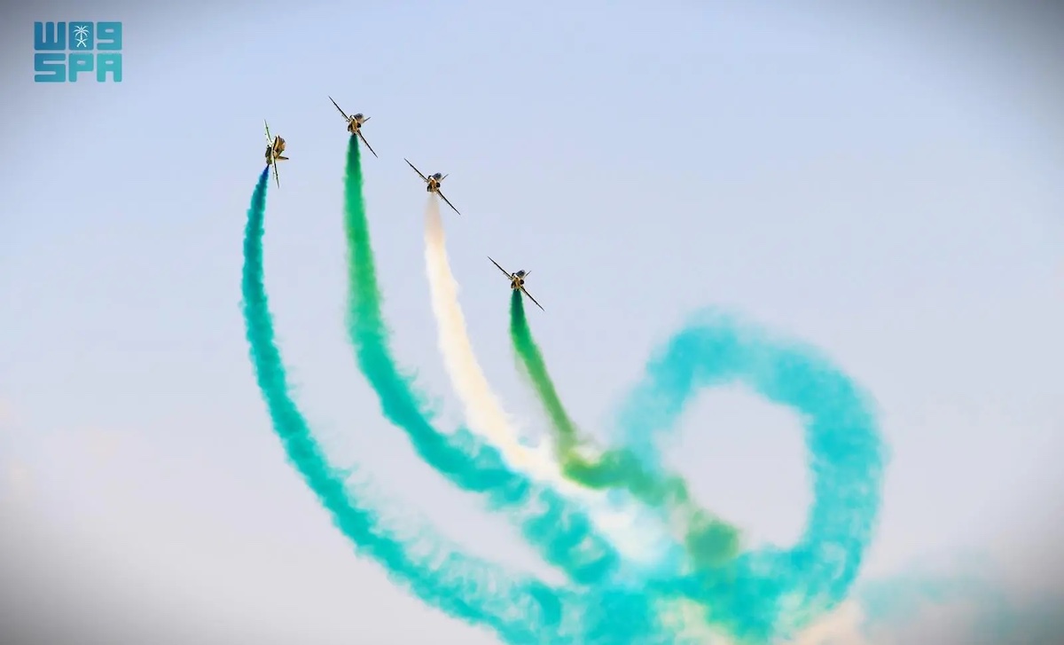 Saudi Falcons Aerobatic Team and their counterparts from the Egyptian Air Force present an aerial display in Cairo. (SPA)