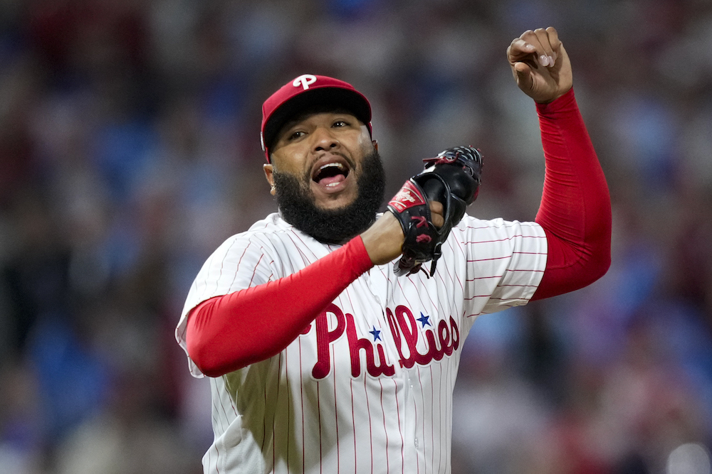 Philadelphia Phillies relief pitcher Jose Alvarado celebrates the last out in the top of the eighth inning against the Arizona Diamondbacks in Game 1 of the baseball NL Championship Series in Philadelphia Monday. (AP)