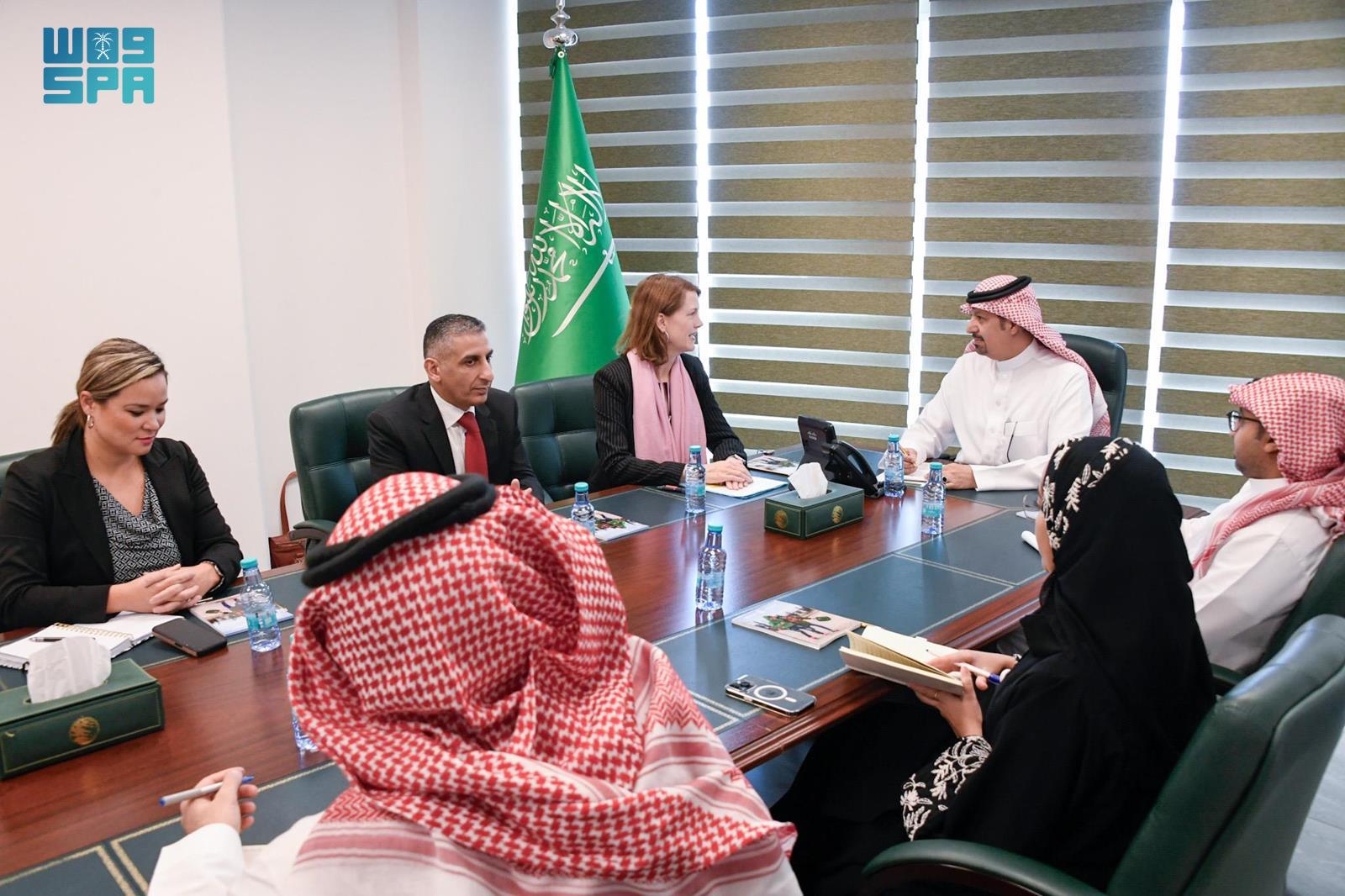 KSrelief Assistant Supervisor General for Planning and Development, Dr. Aqeel bin Jamaan Al-Ghamdi, met today at KSrelief headquarters in Riyadh with United Nations Office for the Coordination of Humanitarian Affairs (OCHA) Director of Humanitarian Financing and Resource Mobilization Lisa Doughten. (SPA)
