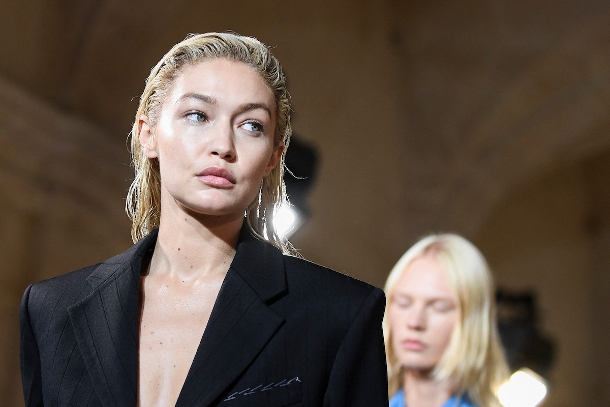 US model Gigi Hadid presents a creation for the Victoria Beckham Spring-Summer 2023 fashion show during the Paris Womenswear Fashion Week, in Paris. (File/AFP)