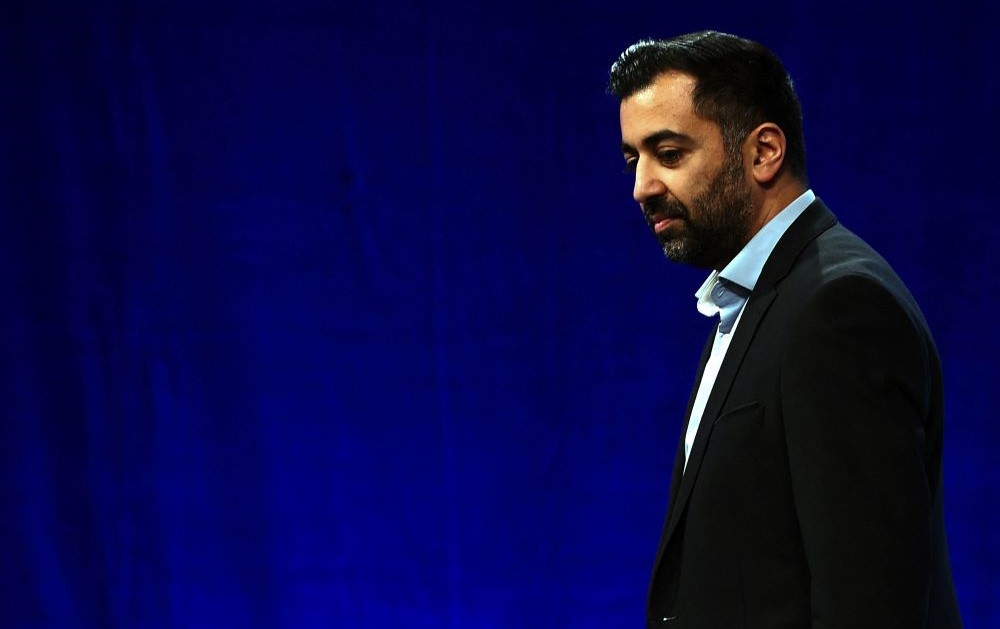 Scotland’s First Minister Humza Yousaf leaves the stage after rehearsing his address during the Scottish National Party annual conference, Aberdeen, Oct. 17, 2023. (AFP)