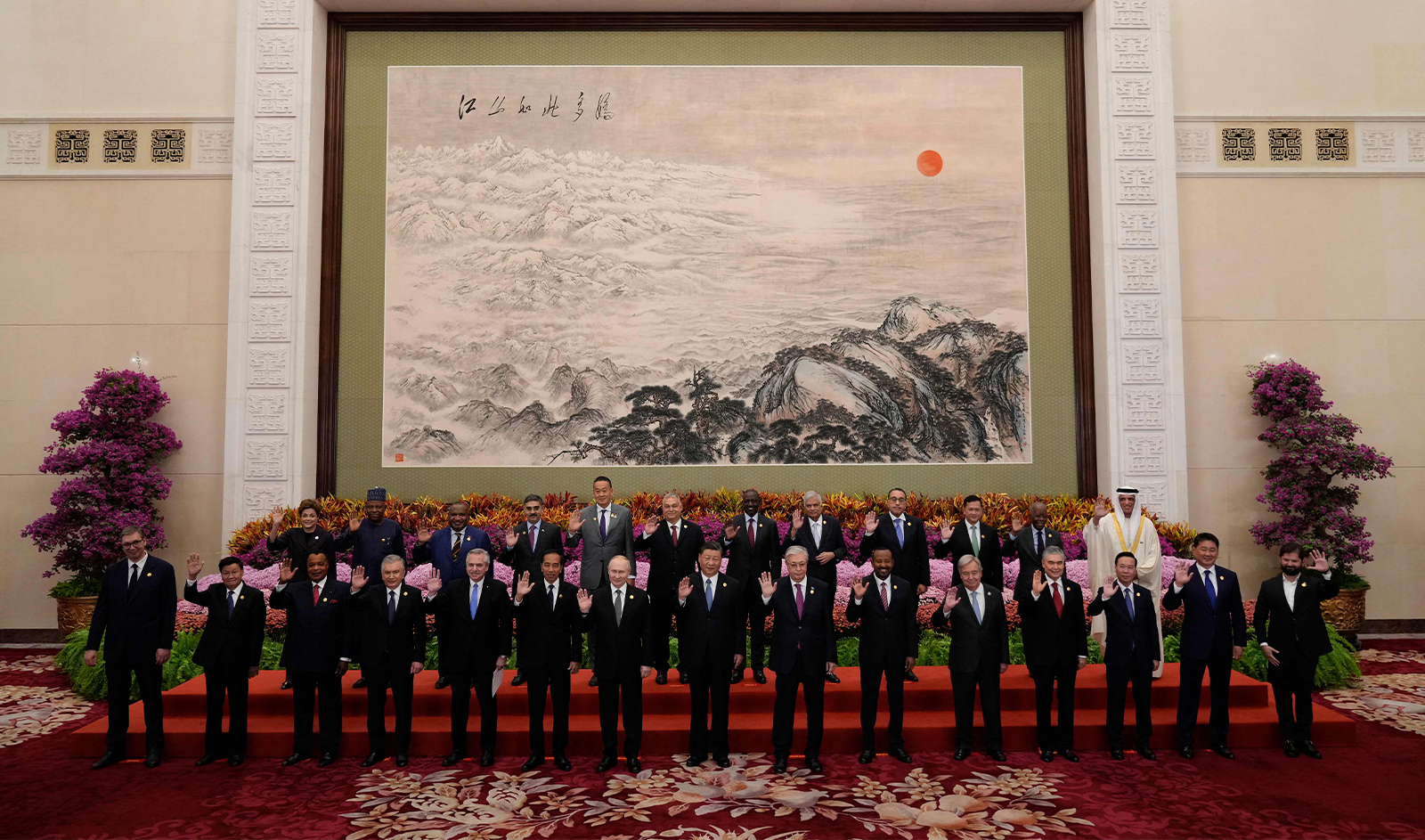 China's President Xi Jinping (C, front row), Russia's President Vladimir Putin (7th L, front row) and other leaders pose for a group photo during the third Belt and Road Forum for International Cooperation at the Great Hall of the People in Beijing on October 18, 2023. (AFP)