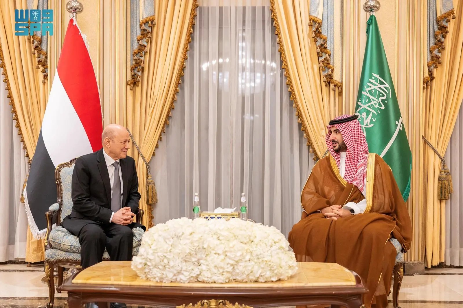 The Saudi Minister of Defense Prince Khalid bin Salman met the Chairman of the Yemeni Presidential Leadership Council Rashad Al-Alimi on Wednesday. (SPA)
