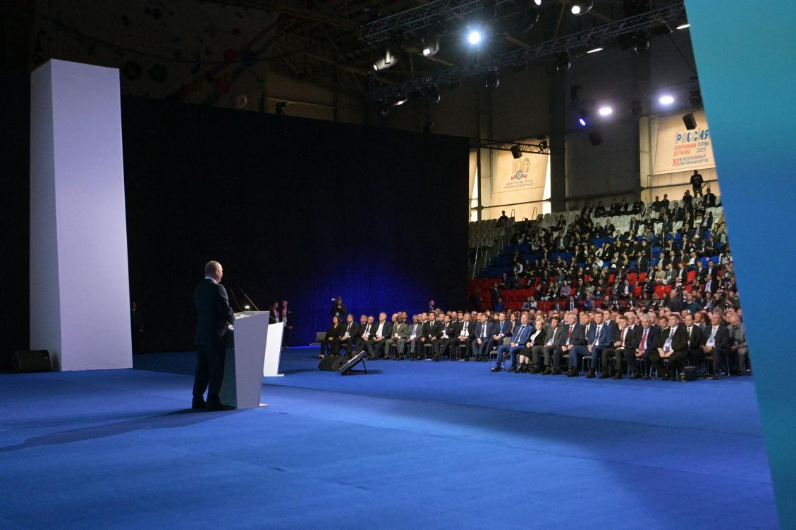 This pool photograph distributed by Russian state owned agency Sputnik shows Russia’s President Vladimir Putin attending a sports forum in the Urals city of Perm on October 19, 2023. (AFP)