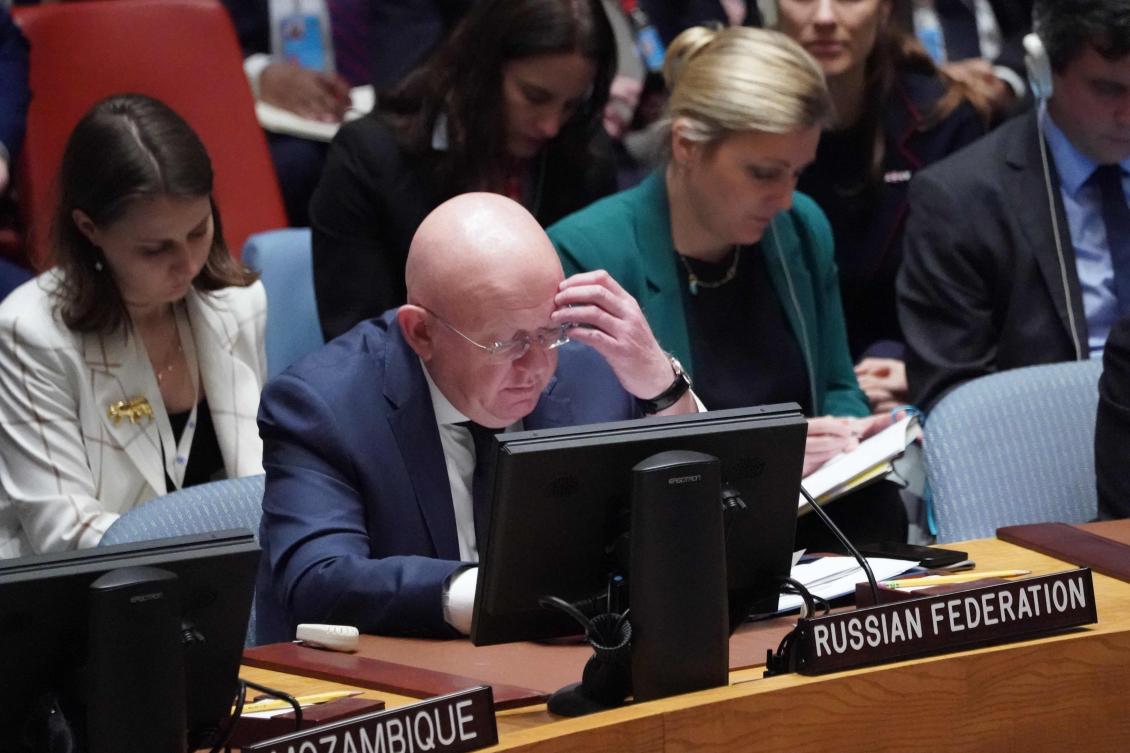 Russian representative to the the UN Vassily Nebenzia speaks at a Security Council meeting on the situation in the Middle East on Oct. 18, 2023 in New York. (AFP)