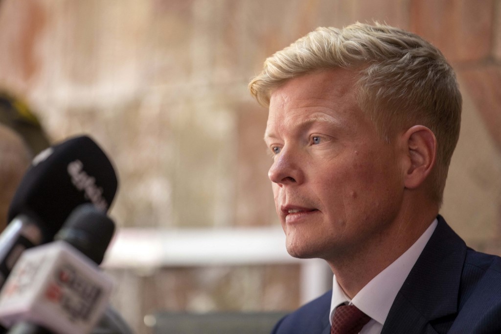 UN special envoy for Yemen Hans Grundberg speaks during a visit to Taiz, Yemen. (File/AFP)