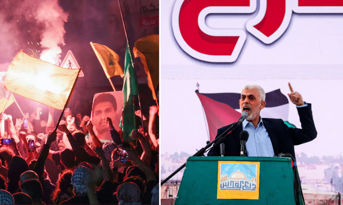In this combo image, a portrait of Hamas military chief Mohammed Deif (left) is shown during a rally in Beirut early on October 18, 2023, to protest the Israeli siege in Gaza. On the right frame, Yahia al-Sinwar addresses supporters during a rally in Gaza City on April 14, 2023. (AFP file photos)