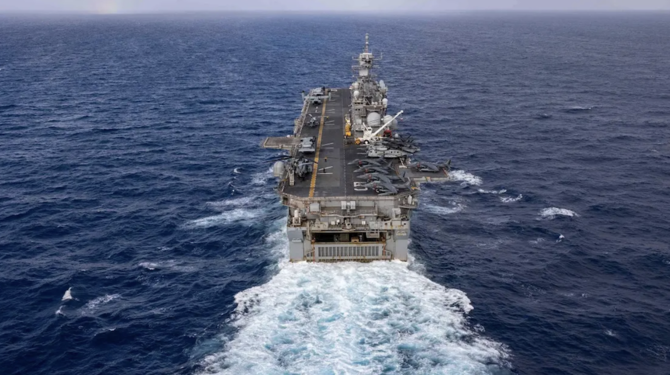 In this handout photo from the US Navy, the Wasp-class amphibious assault ship USS Bataan travels through Atlantic Ocean on July 20, 2023. (AP/File)