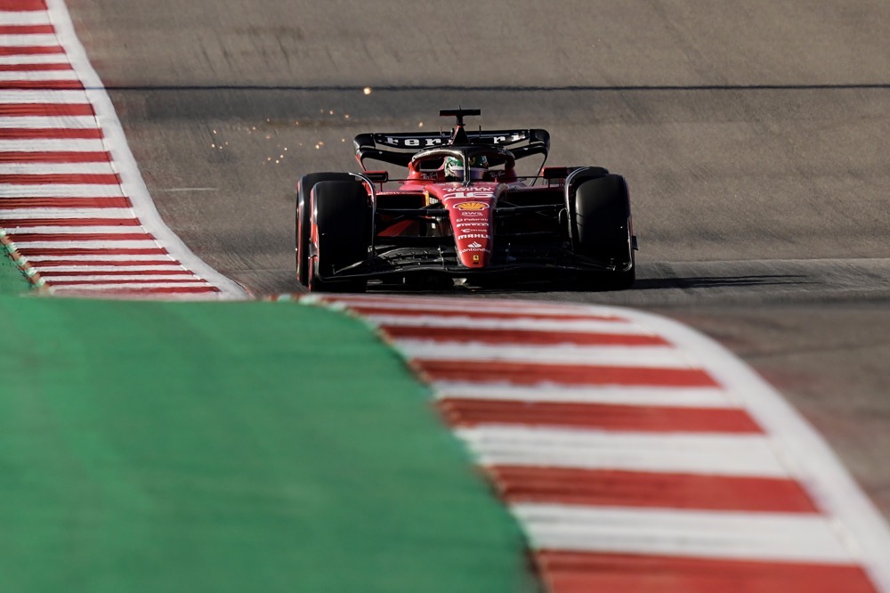 Ferrari driver Charles Leclerc, of Monaco, steers through a turn during a qualifying session for the Formula One U.S. Grand Prix auto race at Circuit of the Americas Friday in Austin, Texas. (AP)