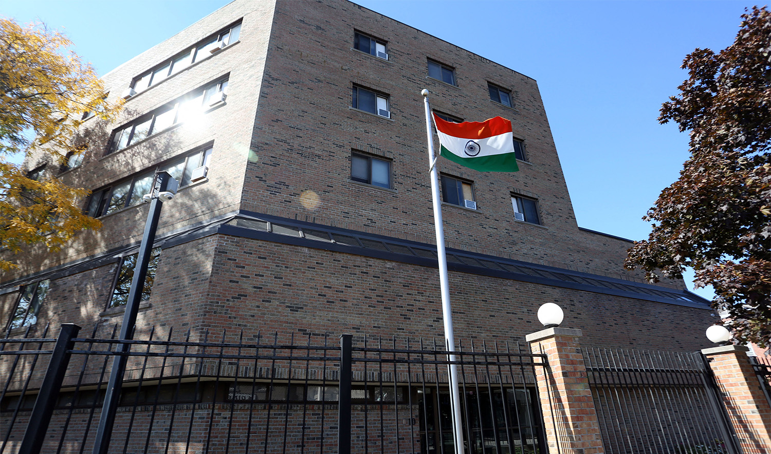 A India flag waves in the wind at the High Commission of India October 3, 2023 in Ottawa, Canada. (AFP)
