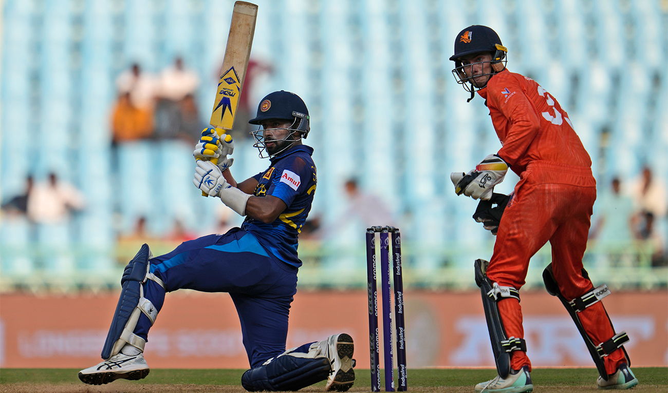 Sri Lanka's Pathum Nissanka bats during the ICC Men's Cricket World Cup match between Sri Lanka and Netherlands in Lucknow, India, on October 21, 2023. (AP)