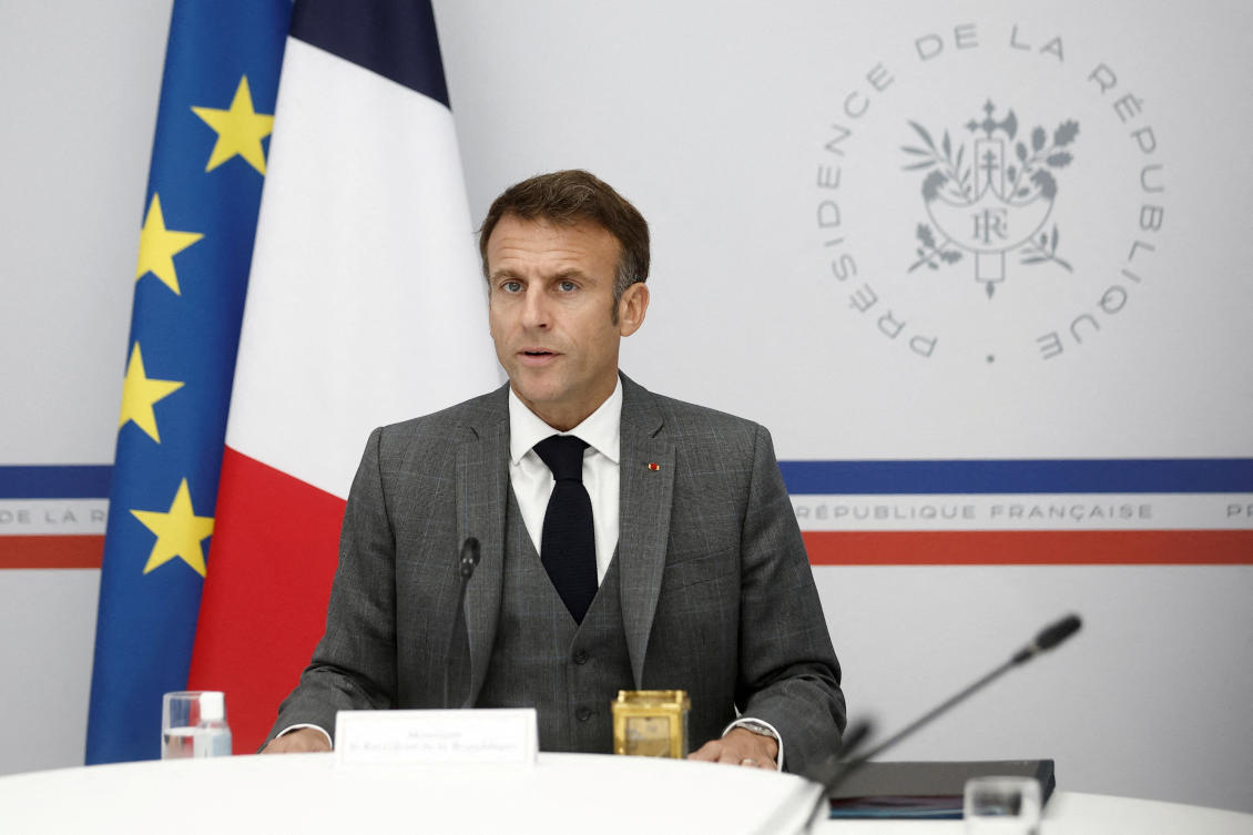 French President Emmanuel Macron attends a video-conference with the families of French hostages by the Hamas militants who had entered Israel from the Gaza Strip, at the Elysee Palace in Paris, France, October 20, 2023. (Reuters)