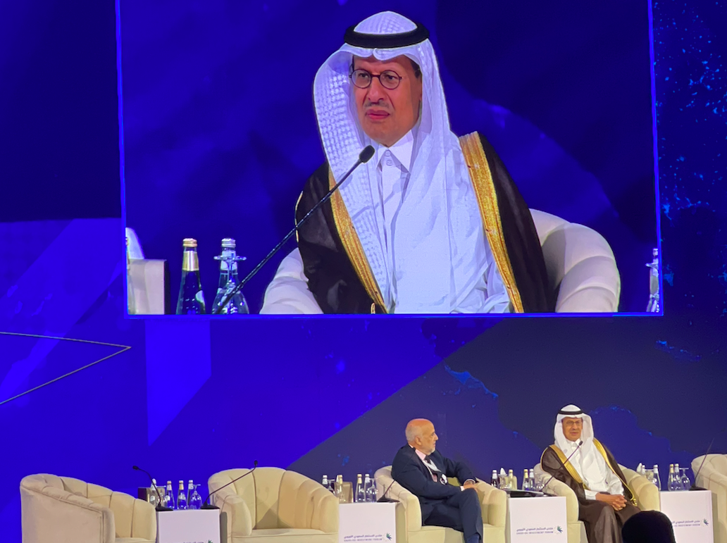 Prince Abdulaziz bin Salman speaking at the Saudi-EU Investment Forum. AN.