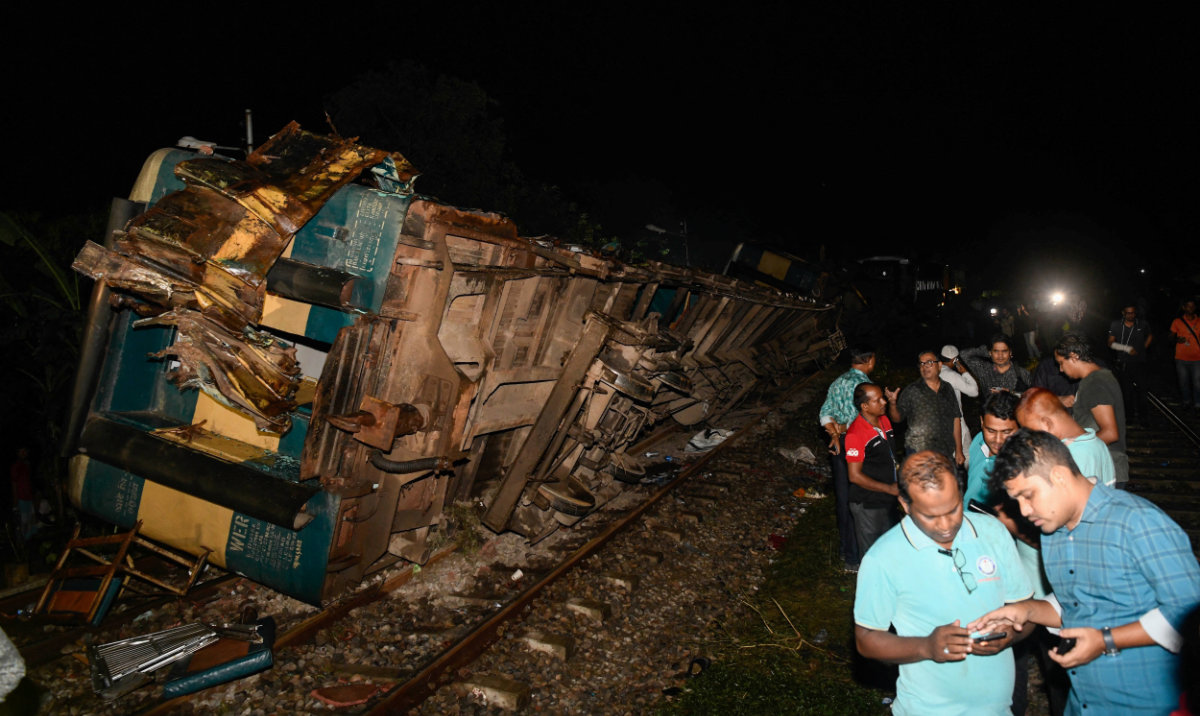 A general view of derailed compartments of train after two trains collided in Bhairab, about 80 kilometers northeast of the capital Dhaka, Bangladesh, October 23, 2023. (Reuters)