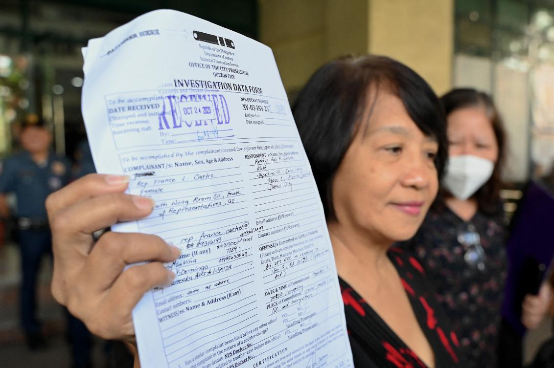 Leftist politician France Castro claimed in a criminal complaint that former Philippine president Rodrigo Duterte’s threats were ‘factually baseless and clearly malicious.’ (AFP)