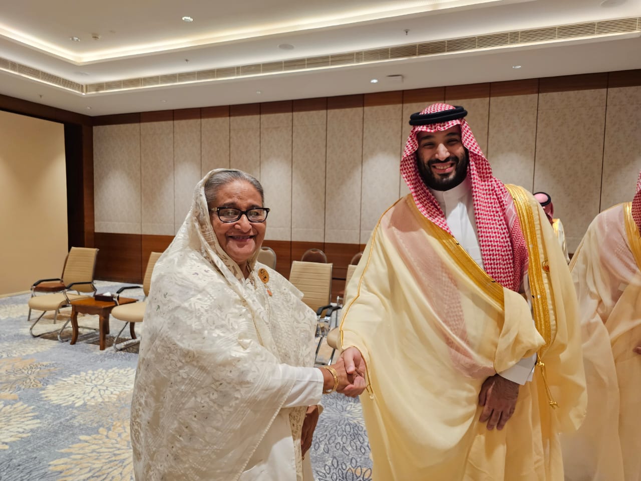 Saudi Crown Prince Mohammed bin Salman meets Bangladeshi Prime Minister Sheikh Hasina on the sidelines of the G20 summit in New Delhi on Sept. 10, 2023. (Bangladesh Prime Minister’s Office)