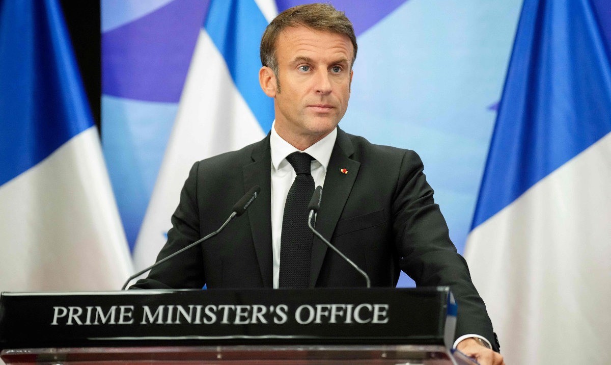 French President Emmanuel Macron addresses media during a joint press conference with Israeli Prime Minister in Jerusalem on October 24, 2023. (AFP)