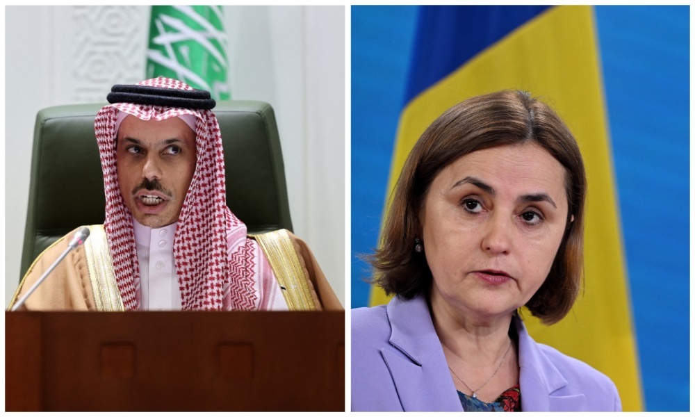 Saudi FM Prince Faisal bin Farhan and Romanian counterpart Luminita Odobescu. (File/AFP)