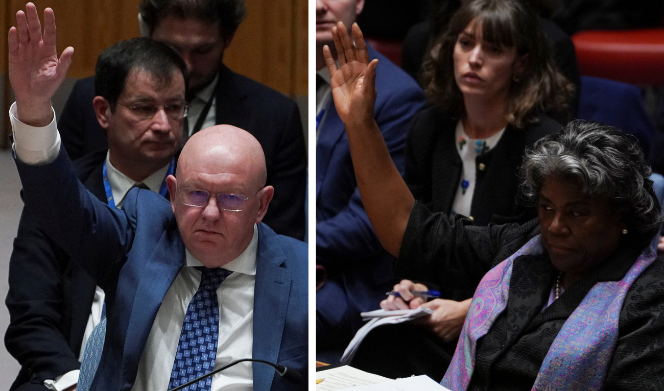 Russia’s Vassily Nebenzia and the US’s Linda Thomas-Greenfield. (Reuters)