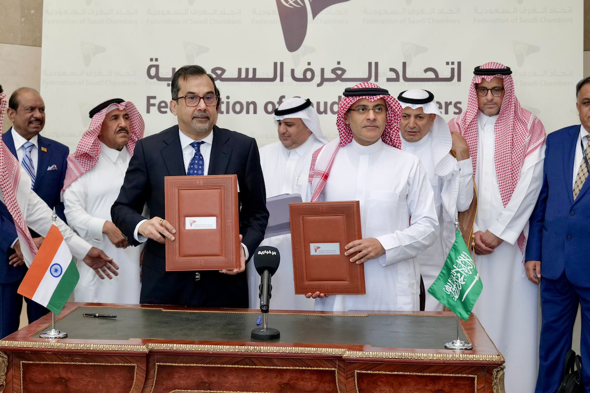 The Federation of Saudi Chambers and the Confederation of Indian Industry sign an MoU to enhance commercial partnerships in Riyadh on Oct. 25, 2023. (Indian Ministry of Commerce)