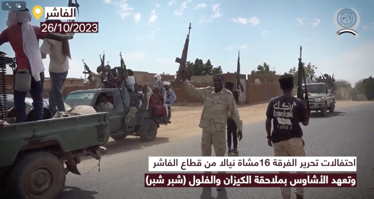 Triumphant RSF fighters celebrate as they roam the streets of Nyala on Thursday. (X:@RSFSudan)