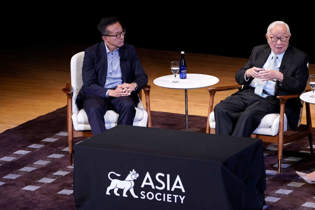Morris Chang (right), founding chairman of Taiwan Semiconductor Manufacturing Company, and Joe Tsai, co-founder and chairman of Alibaba Group, are interviewed by the Global Head of Citi Private Bank Ida Liu at the Asia Society on October 26, 2023 in New York. (AFP)