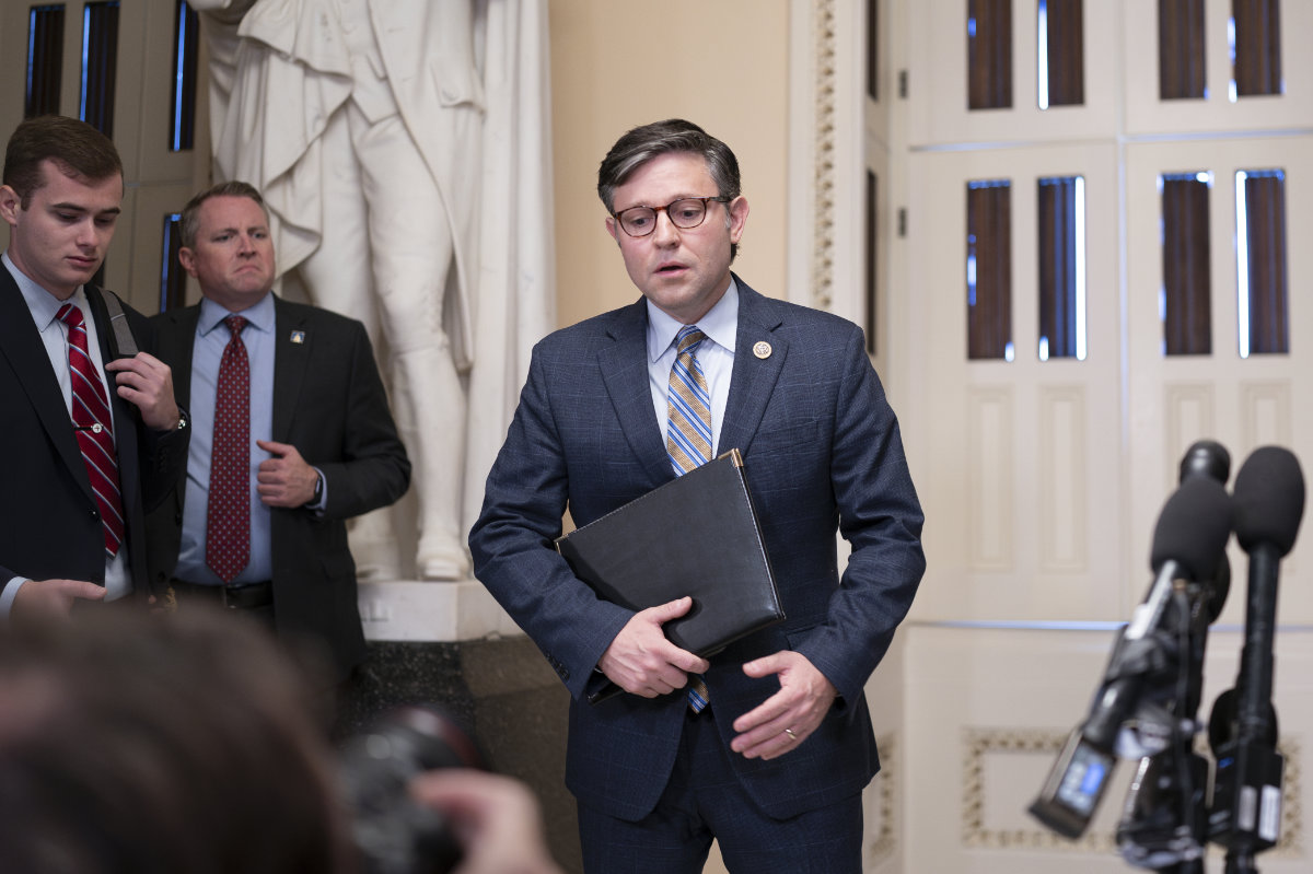On his first full day on the job, US House Speaker Mike Johnson makes a statement to reporters about the mass shooting in Maine, at the Capitol in Washington on Oct. 26, 2023. (AP)