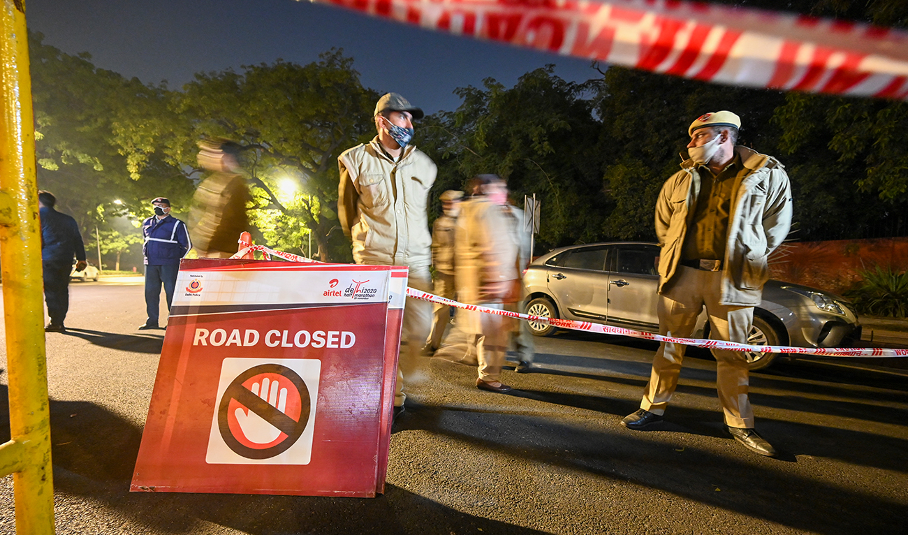 Police close off a street after an explosion in New Delhi, India, on January 29, 2021. (AFP/File)