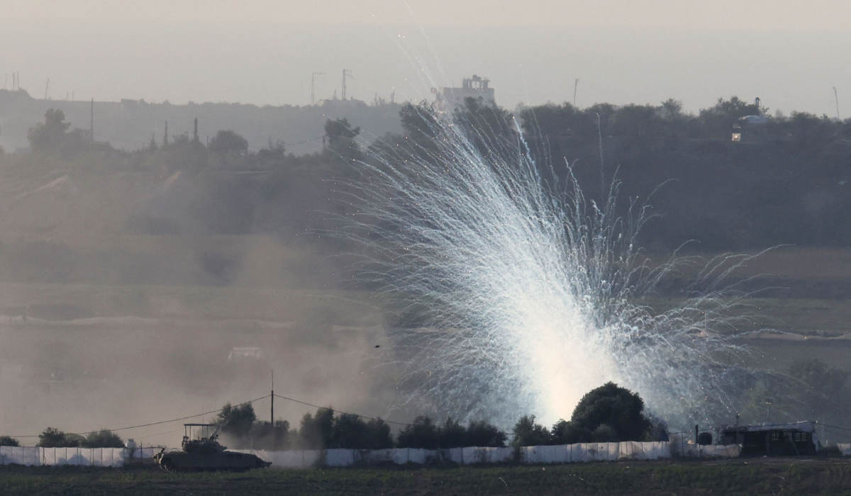 A picture taken from the Israeli side of the border with the Gaza Strip on October 30, 2023, shows smoke billowing during Israeli bombardment in the north of the Gaza Strip, amid ongoing battles between Israel and the Palestinian Hamas movement. (AFP)