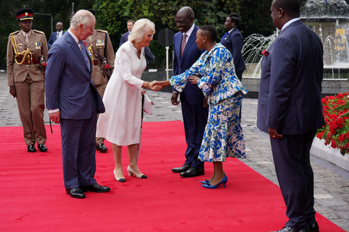 Britain’s King Charles and Queen Camilla are welcomed by the President of Kenya, William Ruto, and the first lady, Rachel Ruto, at State House in Nairobi on Oct. 31, 2023. (Reuters)