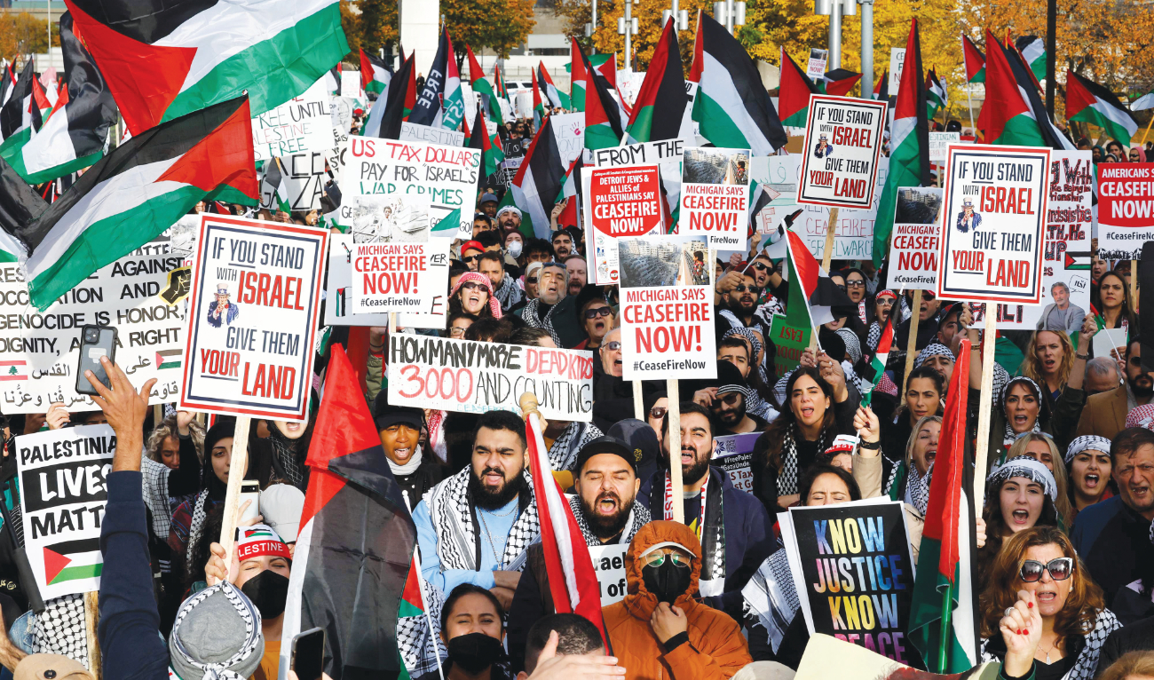 Thousands protest in Detroit, Michigan, calling for a ceasefire in Gaza. (AFP)