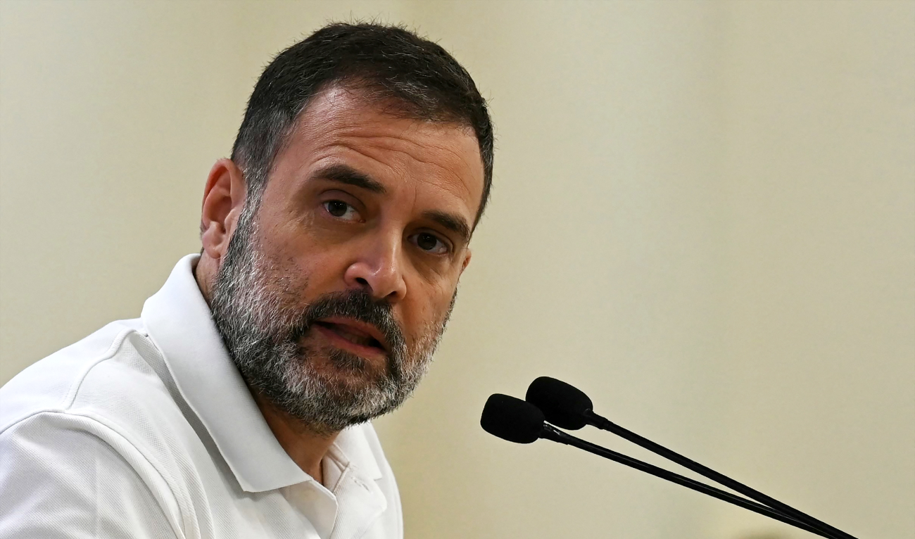 India’s Congress party leader Rahul Gandhi speaks during a media briefing at the party headquarters in New Delhi on October 18, 2023. (AFP/File)