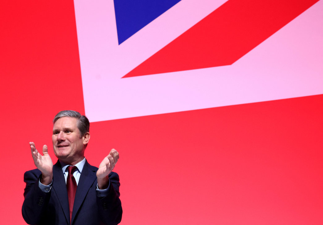Britain's Labour Party Leader Keir Starmer applauds during a speech in Liverpool, Britain, Oct. 11, 2023. (Reuters)