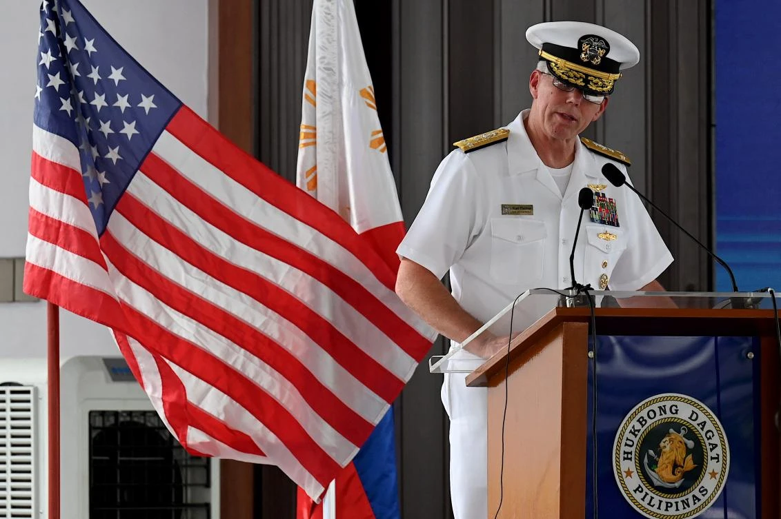 Vice Admiral Karl Thomas, Commander of the US 7th Fleet, delivers a speech during the opening ceremony of Sama Sama 2023 in Manila on Oct. 2, 2023. (AFP)