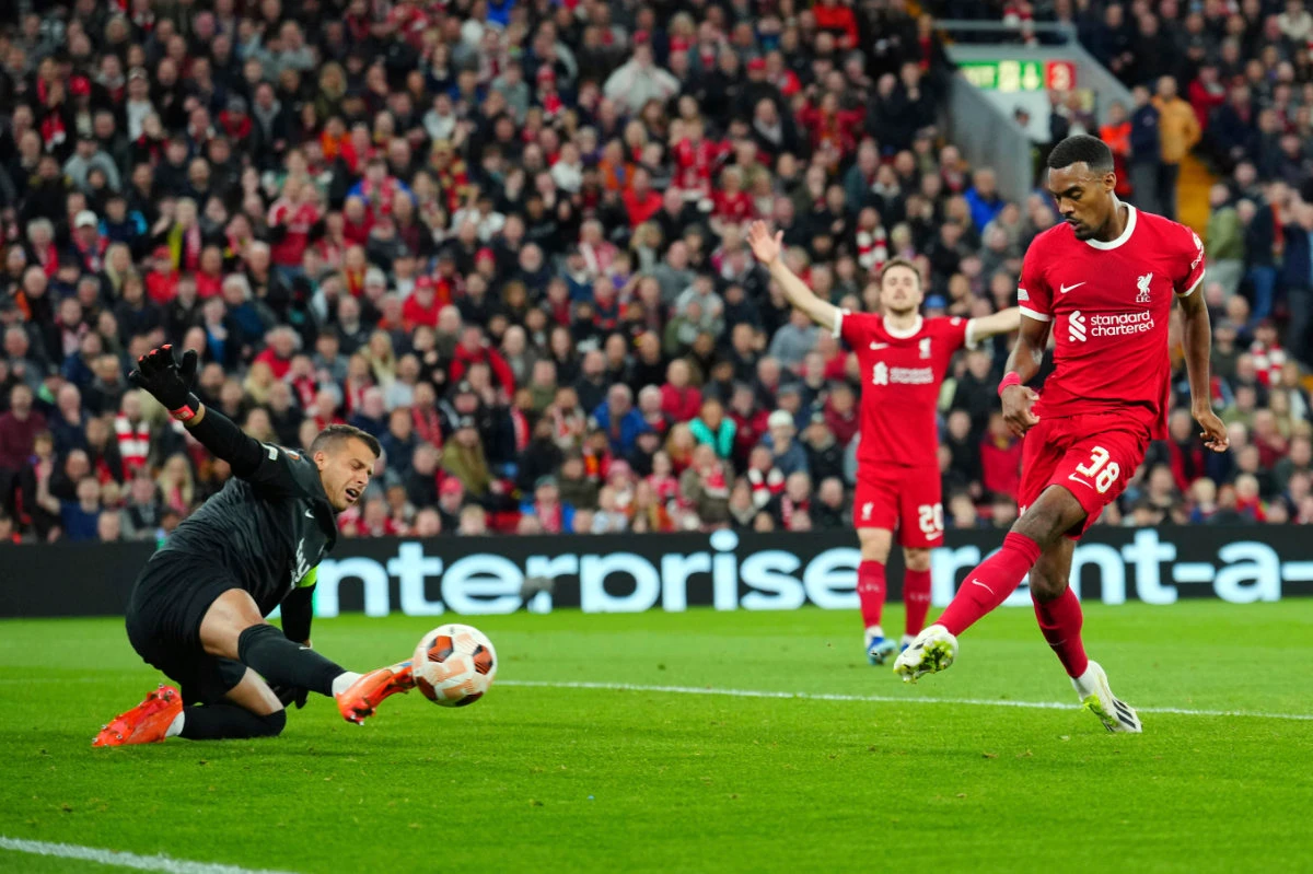 Liverpool's Ryan Gravenberch scores a goal past Union Saint-Gilloise goalkeeper Anthony Moris during a Europa League Group E match between Liverpool and Union Saint-Gilloise Thursday at Anfield in Liverpool, England. (AP)