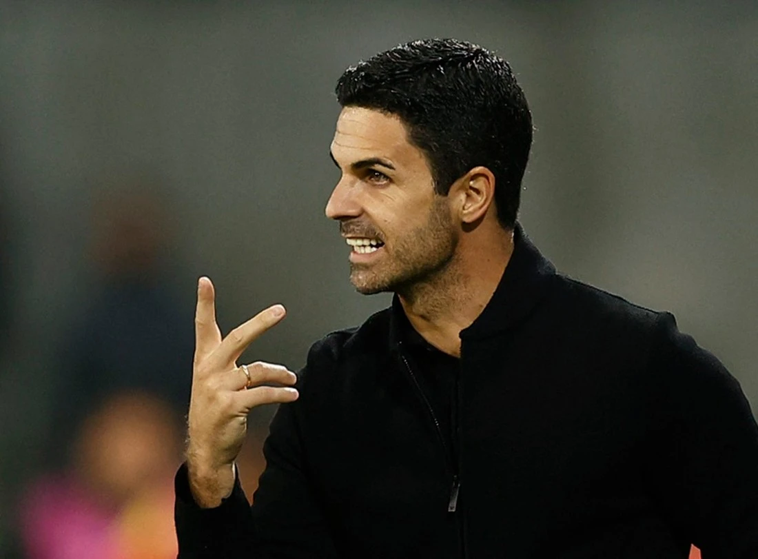 Arsenal manager Mikel Arteta reacts during the Champions League Group B soccer match between RC Lens and Arsenal Tuesday at the Stade Bollaert-Delelis, Lens, France. (Reuters)