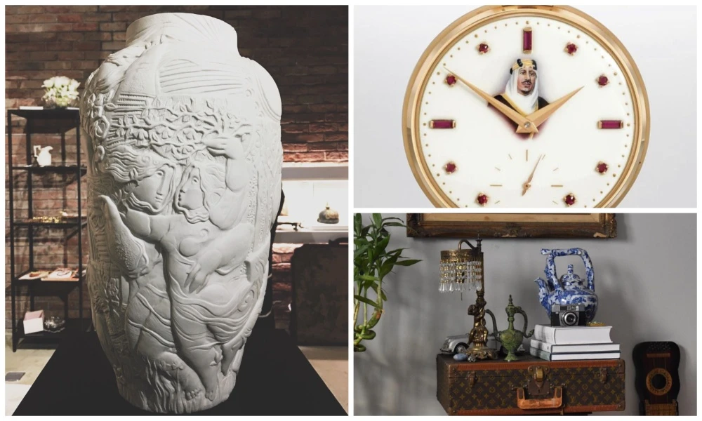 The most expensive item Alsharif sold is an extremely rare Patek Philippe Pocket Watch King Saud Special Edition 1956 for approximately SAR250,000 (top right), while Crystal Ages sold a vase by Spanish Artist Alvar Sunol (left). (Supplied)