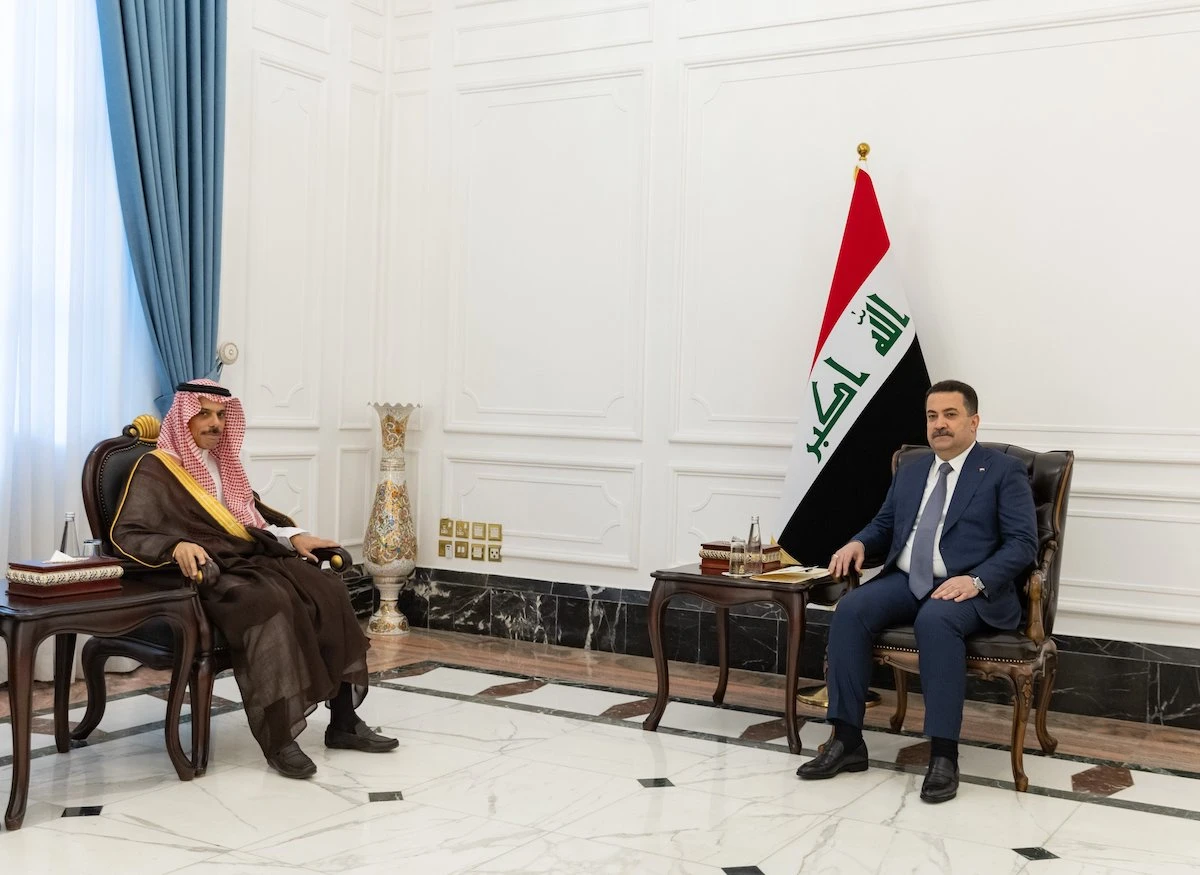 Iraqi PM Mohammed Shia Al-Sudani received Saudi FM Prince Faisal bin Farhan in Baghdad. (X/@KSAMOFA)