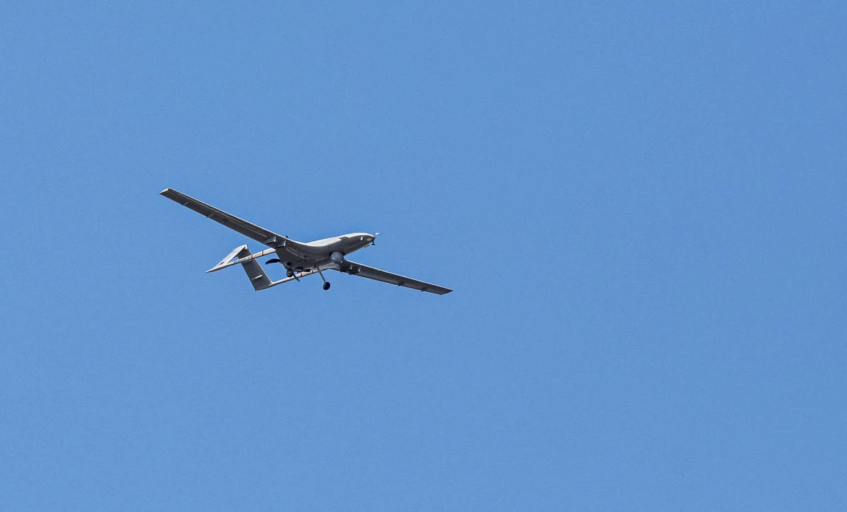 A Bayraktar TB2 unmanned combat aerial vehicle is seen during a demonstration flight at Teknofest aerospace and technology festival in Baku, Azerbaijan in May 2022. (Reuters)