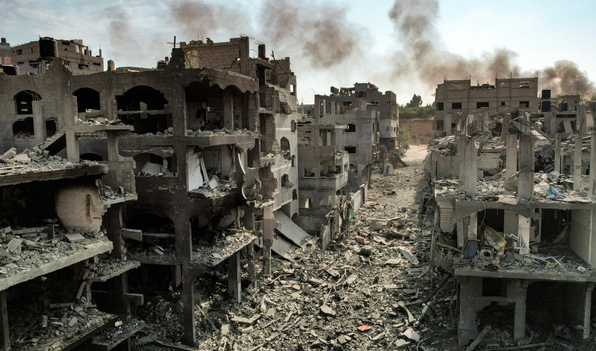 This picture taken on October 11, 2023 shows an aerial view of buildings destroyed by Israeli air strikes in the Jabalia camp for Palestinian refugees in Gaza City. (AFP)