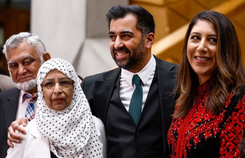 Scotland’s First Minister Humza Yousaf, with his wife Nadia El-Nakla, right, and his parents. (Getty Images)