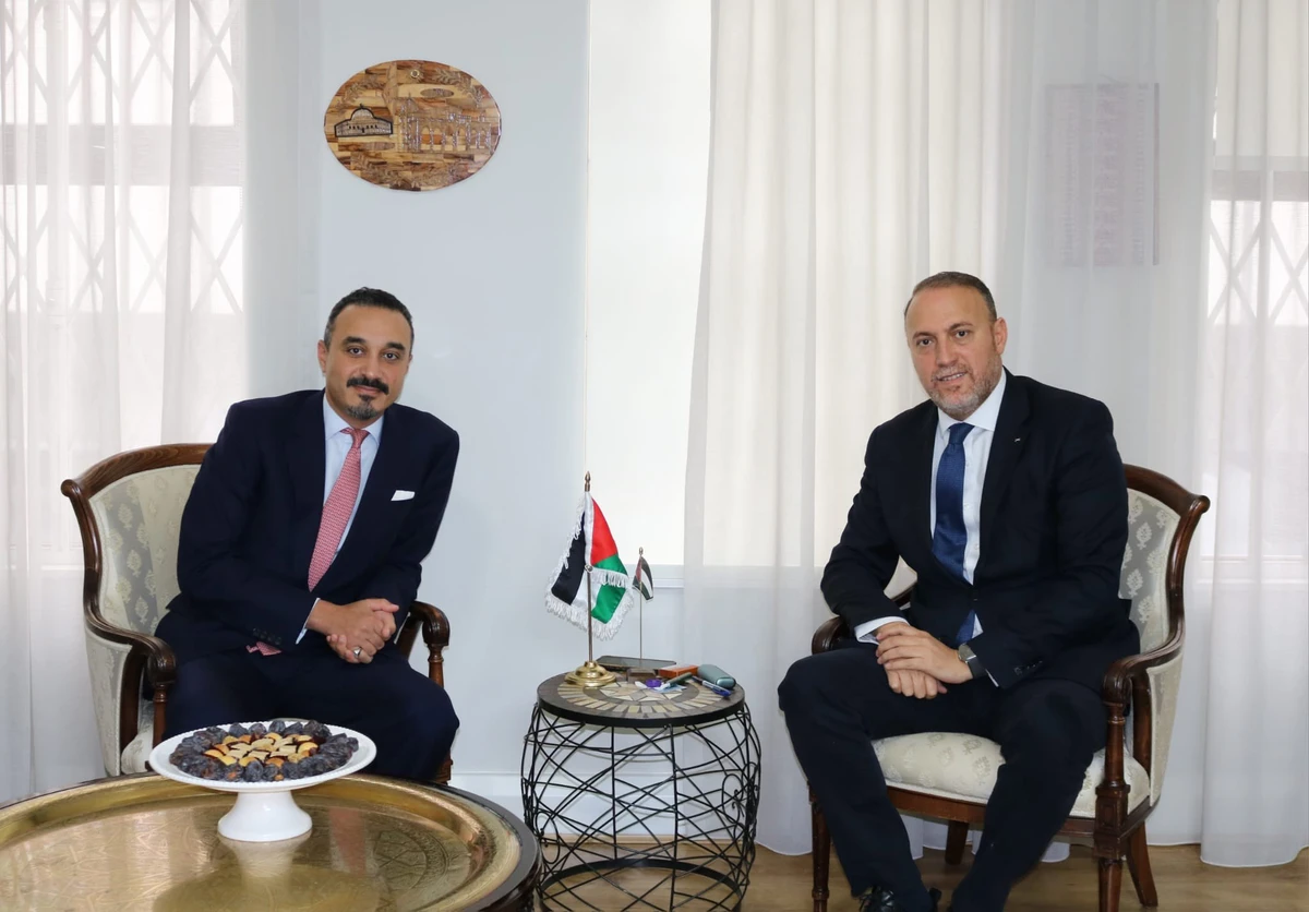 Saudi Ambassador to Britain Prince Khalid bin Bandar meets with Head of the Palestinian Mission to the UK Husam Zomlot. (X/@hzomlot)